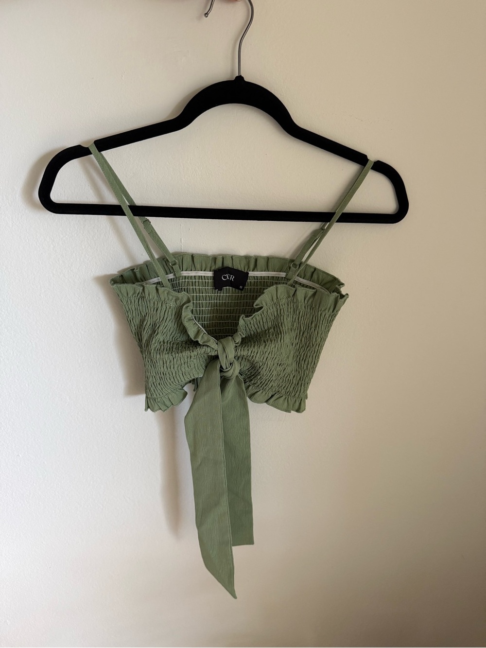 Olive Green Smocked Tie-Front Crop Top, Cider